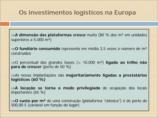 Os investimentos logísticos na Europa


A dimensão das plataformas cresce muito (80 % dos m² em unidades
superiores a 5.000 m²)

O fundiário consumido representa em média 2,5 vezes o número de m²
construídos

O percentual das grandes bases (> 10.000 m²) ligado ao trilho não
para de crescer (perto de 50 %)

As novas implantações são majoritariamente ligadas a prestatários
logísticos (60 %)

A locação se torna o modo privilegiado de ocupação dos locais
importantes (65 %)

O custo por m² de uma construção (plataforma “clássica”) é de perto de
500,00 € (variável em função do lugar)
 
