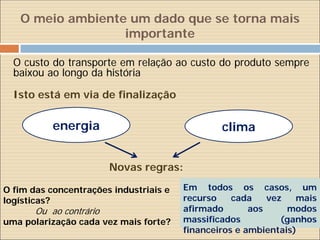 O meio ambiente um dado que se torna mais
                  importante

  O custo do transporte em relação ao custo do produto sempre
  baixou ao longo da história

  Isto está em via de finalização

           energia                              clima


                         Novas regras:

O fim das concentrações industriais e   Em todos os casos, um
logísticas?                             recurso    cada    vez   mais
       Ou ao contrário                  afirmado       aos     modos
uma polarização cada vez mais forte?    massificados          (ganhos
                                        financeiros e ambientais)
 