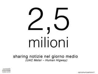 nprcomunicazione.it
sharing notizie nel giorno medio
(UAC Meter – Human Higway)
2,5
milioni
 