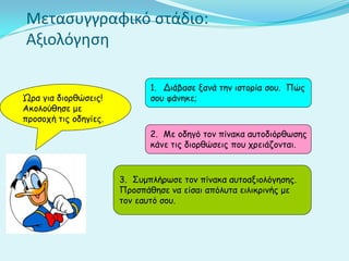Μετασυγγραφικό στάδιο:
Αξιολόγηση
Ώρα για διορθώσεις!
Ακολούθησε με
προσοχή τις οδηγίες.
1. Διάβασε ξανά την ιστορία σου. Πώς
σου φάνηκε;
2. Με οδηγό τον πίνακα αυτοδιόρθωσης
κάνε τις διορθώσεις που χρειάζονται.
3. Συμπλήρωσε τον πίνακα αυτοαξιολόγησης.
Προσπάθησε να είσαι απόλυτα ειλικρινής με
τον εαυτό σου.
 