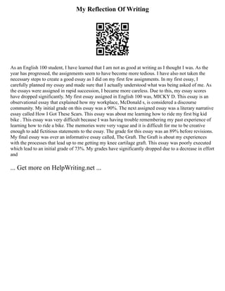 My Reflection Of Writing
As an English 100 student, I have learned that I am not as good at writing as I thought I was. As the
year has progressed, the assignments seem to have become more tedious. I have also not taken the
necessary steps to create a good essay as I did on my first few assignments. In my first essay, I
carefully planned my essay and made sure that I actually understood what was being asked of me. As
the essays were assigned in rapid succession, I became more careless. Due to this, my essay scores
have dropped significantly. My first essay assigned in English 100 was, MICKY D. This essay is an
observational essay that explained how my workplace, McDonald s, is considered a discourse
community. My initial grade on this essay was a 90%. The next assigned essay was a literary narrative
essay called How I Got These Scars. This essay was about me learning how to ride my first big kid
bike . This essay was very difficult because I was having trouble remembering my past experience of
learning how to ride a bike. The memories were very vague and it is difficult for me to be creative
enough to add fictitious statements to the essay. The grade for this essay was an 89% before revisions.
My final essay was over an informative essay called, The Graft. The Graft is about my experiences
with the processes that lead up to me getting my knee cartilage graft. This essay was poorly executed
which lead to an initial grade of 73%. My grades have significantly dropped due to a decrease in effort
and
... Get more on HelpWriting.net ...
 