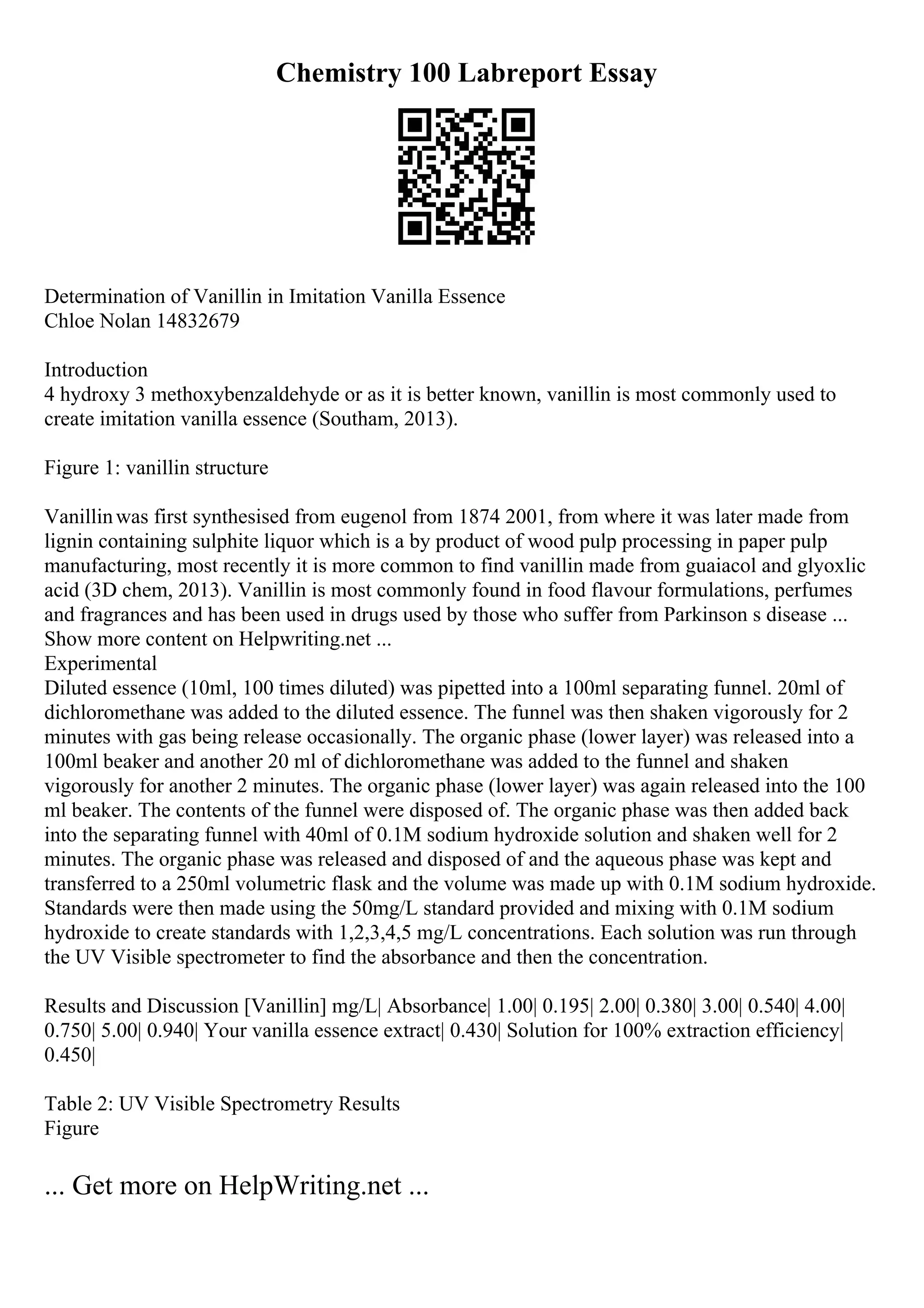 Chemistry 100 Labreport Essay
Determination of Vanillin in Imitation Vanilla Essence
Chloe Nolan 14832679
Introduction
4 hydroxy 3 methoxybenzaldehyde or as it is better known, vanillin is most commonly used to
create imitation vanilla essence (Southam, 2013).
Figure 1: vanillin structure
Vanillinwas first synthesised from eugenol from 1874 2001, from where it was later made from
lignin containing sulphite liquor which is a by product of wood pulp processing in paper pulp
manufacturing, most recently it is more common to find vanillin made from guaiacol and glyoxlic
acid (3D chem, 2013). Vanillin is most commonly found in food flavour formulations, perfumes
and fragrances and has been used in drugs used by those who suffer from Parkinson s disease ...
Show more content on Helpwriting.net ...
Experimental
Diluted essence (10ml, 100 times diluted) was pipetted into a 100ml separating funnel. 20ml of
dichloromethane was added to the diluted essence. The funnel was then shaken vigorously for 2
minutes with gas being release occasionally. The organic phase (lower layer) was released into a
100ml beaker and another 20 ml of dichloromethane was added to the funnel and shaken
vigorously for another 2 minutes. The organic phase (lower layer) was again released into the 100
ml beaker. The contents of the funnel were disposed of. The organic phase was then added back
into the separating funnel with 40ml of 0.1M sodium hydroxide solution and shaken well for 2
minutes. The organic phase was released and disposed of and the aqueous phase was kept and
transferred to a 250ml volumetric flask and the volume was made up with 0.1M sodium hydroxide.
Standards were then made using the 50mg/L standard provided and mixing with 0.1M sodium
hydroxide to create standards with 1,2,3,4,5 mg/L concentrations. Each solution was run through
the UV Visible spectrometer to find the absorbance and then the concentration.
Results and Discussion [Vanillin] mg/L| Absorbance| 1.00| 0.195| 2.00| 0.380| 3.00| 0.540| 4.00|
0.750| 5.00| 0.940| Your vanilla essence extract| 0.430| Solution for 100% extraction efficiency|
0.450|
Table 2: UV Visible Spectrometry Results
Figure
... Get more on HelpWriting.net ...
 