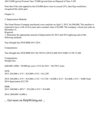 AD 23,000 (given) Freestar Vans 75,000 (given) Gain on Disposal of Vans 3,182
Note that if the ratio applied to the $14,000 above were to exceed 25%, then Peg would have
recognized the entire gain.
Chapter 11
3. Depreciation Methods
The Grant Horace Company purchased a new machine on April 1, 2013, for $48,000. The machine is
expected to have a life of five years and a residual value of $3,000. The company s fiscal year ends on
December 31.
Required:
1. Determine the appropriate amount of depreciation for 2013 and 2014 applying each of the
following methods:
Year Straight line SYD DDB 2013 2014
Computations:
Year Straight line SYD DDB 2013 $6,750 $11,250 $14,400 2014 9,000 12,750 13,440
Computations:
Straight line:
($48,000 3,000) = $9,000 per year x 9/12 for 2011 = $6,750 5 years
SYD:
2013: $45,000 x 5/15 = $15,000 x 9/12 = $11,250
2014: $45,000 x 5/15 = $15,000 x 3/12 = $ 3,750 + 45,000 x 4/15 = $12,000 x 9/12 = 9,000 Total
2014 depreciation $12,750
DDB:
2013: $48,000 x 40%* = $19,200 x 9/12 = $14,400
2014: ($48,000 14,400) x
... Get more on HelpWriting.net ...
 