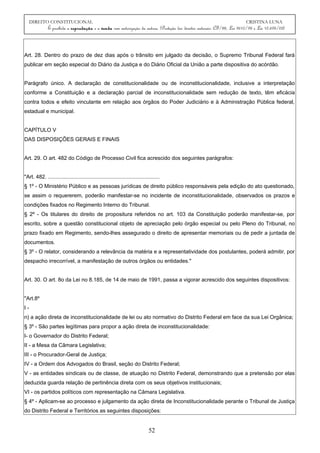 DIREITO CONSTITUCIONAL CRISTINA LUNA
É proibida a reprodução e a venda sem autorização da autora. (Proteção dos direitos autorais: CF/88, Lei 9610/98 e Lei 10.695/03)
Art. 28. Dentro do prazo de dez dias após o trânsito em julgado da decisão, o Supremo Tribunal Federal fará
publicar em seção especial do Diário da Justiça e do Diário Oficial da União a parte dispositiva do acórdão.
Parágrafo único. A declaração de constitucionalidade ou de inconstitucionalidade, inclusive a interpretação
conforme a Constituição e a declaração parcial de inconstitucionalidade sem redução de texto, têm eficácia
contra todos e efeito vinculante em relação aos órgãos do Poder Judiciário e à Administração Pública federal,
estadual e municipal.
CAPÍTULO V
DAS DISPOSIÇÕES GERAIS E FINAIS
Art. 29. O art. 482 do Código de Processo Civil fica acrescido dos seguintes parágrafos:
"Art. 482. ...........................................................................
§ 1º - O Ministério Público e as pessoas jurídicas de direito público responsáveis pela edição do ato questionado,
se assim o requererem, poderão manifestar-se no incidente de inconstitucionalidade, observados os prazos e
condições fixados no Regimento Interno do Tribunal.
§ 2º - Os titulares do direito de propositura referidos no art. 103 da Constituição poderão manifestar-se, por
escrito, sobre a questão constitucional objeto de apreciação pelo órgão especial ou pelo Pleno do Tribunal, no
prazo fixado em Regimento, sendo-lhes assegurado o direito de apresentar memoriais ou de pedir a juntada de
documentos.
§ 3º - O relator, considerando a relevância da matéria e a representatividade dos postulantes, poderá admitir, por
despacho irrecorrível, a manifestação de outros órgãos ou entidades."
Art. 30. O art. 8o da Lei no 8.185, de 14 de maio de 1991, passa a vigorar acrescido dos seguintes dispositivos:
"Art.8º
I -
n) a ação direta de inconstitucionalidade de lei ou ato normativo do Distrito Federal em face da sua Lei Orgânica;
§ 3º - São partes legítimas para propor a ação direta de inconstitucionalidade:
I- o Governador do Distrito Federal;
II - a Mesa da Câmara Legislativa;
III - o Procurador-Geral de Justiça;
IV - a Ordem dos Advogados do Brasil, seção do Distrito Federal;
V - as entidades sindicais ou de classe, de atuação no Distrito Federal, demonstrando que a pretensão por elas
deduzida guarda relação de pertinência direta com os seus objetivos institucionais;
VI - os partidos políticos com representação na Câmara Legislativa.
§ 4º - Aplicam-se ao processo e julgamento da ação direta de Inconstitucionalidade perante o Tribunal de Justiça
do Distrito Federal e Territórios as seguintes disposições:
52
 