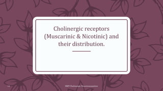 SRP:Cholinergic Neurotransmitter
14
Cholinergic receptors
(Muscarinic & Nicotinic) and
their distribution.
 