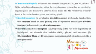 SRP:Cholinergic Neurotransmitter
17
 Muscarinic receptors are divided into five main subtypes M1, M2, M3, M4, and M5.
While each of the subtypes exists within the central nervous system, they are encoded by
separate genes and localized to different tissue types. The M1 receptor is primarily
found in the cerebral cortex, gastric, and salivary glands.
 Nicotinic receptors :In vertebrates, nicotinic receptors are broadly classified into
two subtypes based on their primary sites of expression: muscle-type nicotinic
receptors and neuronal-type nicotinic receptors.
 Nicotinic acetylcholine receptors (nAChRs) belong to the “Cys-loop” superfamily of
ligand-gated ion channels that includes GABAA, glycine, and serotonin (5-
HT3) receptors. There are 16 homologous mammalian nAChR subunits encoded by a
multigene family.
 