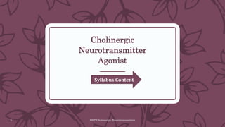 Cholinergic
Neurotransmitter
Agonist
SRP:Cholinergic Neurotransmitter
2
Syllabus Content
 