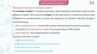 24
What type of receptor is nicotinic receptor?
The nicotinic receptor is a channel protein that, upon binding by acetylcholine, opens to allow
diffusion of cations. The muscarinic receptor, on the other hand, is a membrane protein; upon
stimulation by neurotransmitter, it causes the opening of ion channels indirectly, through a
second messenger.
o Neuro-muscular Junction: nicotinic Nm receptor Stimulation lead to muscle contraction
o SympatheticAnd P
.Sympathetic Ganglia: Nn receptor Release of NE andAch
o Adrenal Medulla : Nn receptor Release of adrenaline
Location of nicotinic receptor:
 In the adrenal medulla
 In the neuromuscular junction of the skeletal muscle
 In the central nervous system.
 In sympathetic and parasympathetic ganglia
 