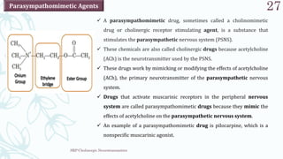 SRP:Cholinergic Neurotransmitter
27
 A parasympathomimetic drug, sometimes called a cholinomimetic
drug or cholinergic receptor stimulating agent, is a substance that
stimulates the parasympathetic nervous system (PSNS).
 These chemicals are also called cholinergic drugs because acetylcholine
(ACh) is the neurotransmitter used by the PSNS.
 These drugs work by mimicking or modifying the effects of acetylcholine
(ACh), the primary neurotransmitter of the parasympathetic nervous
system.
 Drugs that activate muscarinic receptors in the peripheral nervous
system are called parasympathomimetic drugs because they mimic the
effects of acetylcholine on the parasympathetic nervous system.
 An example of a parasympathomimetic drug is pilocarpine, which is a
nonspecific muscarinic agonist.
Parasympathomimetic Agents
 