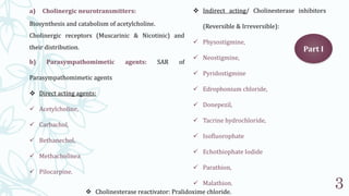 3
a) Cholinergic neurotransmitters:
Biosynthesis and catabolism of acetylcholine.
Cholinergic receptors (Muscarinic & Nicotinic) and
their distribution.
b) Parasympathomimetic agents: SAR of
Parasympathomimetic agents
 Direct acting agents:
 Acetylcholine,
 Carbachol,
 Bethanechol,
 Methacholinea
 Pilocarpine.
Part I
 Indirect acting/ Cholinesterase inhibitors
(Reversible & Irreversible):
 Physostigmine,
 Neostigmine,
 Pyridostigmine
 Edrophonium chloride,
 Donepezil,
 Tacrine hydrochloride,
 Isofluorophate
 Echothiophate Iodide
 Parathion,
 Malathion.
 Cholinesterase reactivator: Pralidoxime chloride.
 