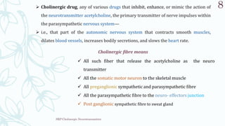 SRP:Cholinergic Neurotransmitter
8
 Cholinergic drug, any of various drugs that inhibit, enhance, or mimic the action of
the neurotransmitter acetylcholine, the primary transmitter of nerve impulses within
the parasympathetic nervous system—
 i.e., that part of the autonomic nervous system that contracts smooth muscles,
dilates blood vessels, increases bodily secretions, and slows the heart rate.
Cholinergic fibre means
 All such fiber that release the acetylcholine as the neuro
transmitter
 All the somatic motor neuron to the skeletal muscle
 All preganglionic sympathetic and parasympathetic fibre
 All the parasympathetic fibre to the neuro- effectors junction
 Post ganglionic sympathetic fibre to sweat gland
 