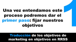 Una vez entendamos este1 
proceso podremos dar el 
primer paso: fijar nuestros 
objetivos 
Traducción de los objetivos de 
marketing en objetivos en RRSS 
 
