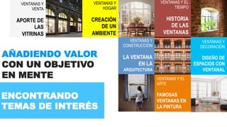 VENTANAS Y 
VENTA 
APORTE DE 
LAS 
VITRINAS 
VENTANAS Y 
AÑADIENDO VALOR 
CON UN OBJETIVO 
EN MENTE 
ENCONTRANDO 
TEMAS DE INTERÉS 
HOGAR 
CREACIÓN 
DE UN 
AMBIENTE 
VENTANAS Y EL 
TIEMPO 
HISTORIA 
DE LAS 
VENTANAS 
VENTANAS Y 
CONSTRUCCIÓN 
LA VENTANA 
EN LA 
ARQUITECTURA 
VENTANAS Y 
DECORACIÓN 
DISEÑO DE 
ESPACIOS CON 
VENTANAL 
VENTANAS Y EL 
ARTE 
FAMOSAS 
VENTANAS EN 
LA PINTURA 
 