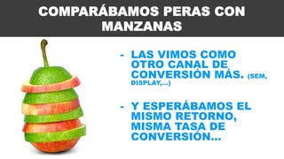 COMPARÁBAMOS PERAS CON 
MANZANAS 
- LAS VIMOS COMO 
OTRO CANAL DE 
CONVERSIÓN MÁS. (SEM, 
DISPLAY,…) 
- Y ESPERÁBAMOS EL 
MISMO RETORNO, 
MISMA TASA DE 
CONVERSIÓN… 
 