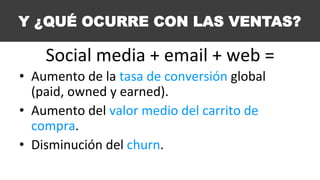 Y ¿QUÉ OCURRE CON LAS VENTAS? 
Social 
media 
+ 
email 
+ 
web 
= 
• Aumento 
de 
la 
tasa 
de 
conversión 
global 
(paid, 
owned 
y 
earned). 
• Aumento 
del 
valor 
medio 
del 
carrito 
de 
compra. 
• Disminución 
del 
churn. 
 