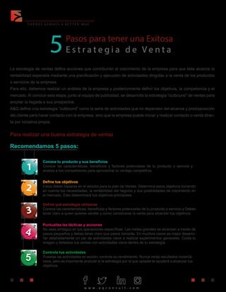 5Pasos para tener una Exitosa
E s t r a t e g i a d e V e n t a
La estrategia de ventas define acciones que contribuirán al crecimiento de la empresa para que ésta alcance la
rentabilidad esperada mediante una planificación y ejecución de actividades dirigidas a la venta de los productos
o servicios de la empresa.
Para ello, debemos realizar un análisis de la empresa y posteriormente definir los objetivos, la competencia y el
mercado. Al concluir esta etapa, junto al equipo de publicidad, se desarrolla la estrategia “outbound” de ventas para
ampliar la llegada a sus prospectos.
A&Q define una estrategia “outbound” como la serie de actividades que no dependen del alcance y predisposición
del cliente para hacer contacto con la empresa, sino que la empresa puede iniciar y realizar contacto o venta direc-
ta por iniciativa propia.
Para realizar una buena estrategia de ventas
Recomendamos 5 pasos:
Conoce tu producto y sus beneficios
Conoce las características, beneficios y factores potenciales de tu producto o servicio y
analiza a tus competidores para aprovechar tu ventaja competitiva.
Define tus objetivos
Estos deben basarse en el estudio para tu plan de Ventas. Determina estos objetivos tomando
en cuenta tus necesidades, la rentabilidad del negocio y sus posibilidades de crecimiento en
el mercado. Esto determinará tus objetivos principales.
Define qué estrategia utilizaras
Conoce las características, beneficios y factores potenciales de tu producto o servicio y Debes
tener claro a quien quieres vender y como canalizaras la venta para alcanzar tus objetivos.
Puntualiza las tácticas y acciones
No seas ambiguo en tus operaciones específicas. Las metas grandes se alcanzan a través de
pasos pequeños y debes tener claro que pasos tomarás. En muchos casos es mejor desarro-
llar detalladamente un par de actividades clave a realizar experimentos generales. Cuida tu
imagen y fortalece tus ventas con actividades clave dentro de tu estrategia.
Controla tus actividades
Puestas las actividades en acción, controla su rendimiento. Nunca verás resultados instantá-
neos, pero es importante analizar si la estrategia por la que optaste te ayudará a alcanzar tus
objetivos.
w w w . a q c o n s u l t . c o m
 