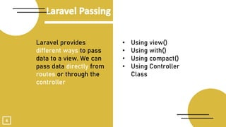 4
Laravel provides
different ways to pass
data to a view. We can
pass data directly from
routes or through the
controller
• Using view()
• Using with()
• Using compact()
• Using Controller
Class
 