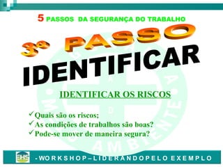 5 PASSOS

DA SEGURANÇA DO TRABALHO

S
A

IDENTIFICAR OS RISCOS
S A
D E
Ú
D

Quais são os riscos;
As condições de trabalhos são boas?
E
Pode-se mover de maneira segura?
- WO R K S H O P – L I D E R A N D O P E L O E X E M P L O

 