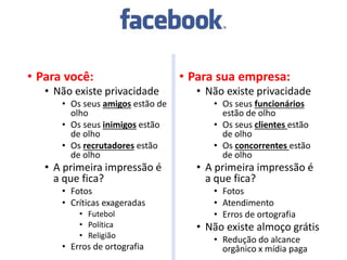 • Para você:
• Não existe privacidade
• Os seus amigos estão de
olho
• Os seus inimigos estão
de olho
• Os recrutadores estão
de olho
• A primeira impressão é
a que fica?
• Fotos
• Críticas exageradas
• Futebol
• Política
• Religião
• Erros de ortografia
• Para sua empresa:
• Não existe privacidade
• Os seus funcionários
estão de olho
• Os seus clientes estão
de olho
• Os concorrentes estão
de olho
• A primeira impressão é
a que fica?
• Fotos
• Atendimento
• Erros de ortografia
• Não existe almoço grátis
• Redução do alcance
orgânico x mídia paga
 
