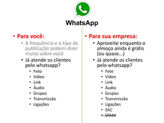 • Para você:
• A frequência e o tipo de
publicação podem dizer
muito sobre você
• Já atende os clientes
pelo whatsapp?
• Foto
• Vídeo
• Link
• Áudio
• Grupos
• Transmissão
• Ligações
• Para sua empresa:
• Aproveite enquanto o
almoço ainda é grátis
(ou quase...)
• Já atende os clientes
pelo whatsapp?
• Foto
• Vídeo
• Link
• Áudio
• Grupos
• Transmissão
• Ligações
• SAC
• SPAM
 