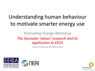 Understanding human behaviour to motivate smarter energy use Motivating Change Workshop The Synovate ‘values’ research and its application to EECA Patrick Murray & Debra Hall 1 