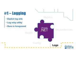 • Explicit log sink
• Log relay utility
• Runs in foreground
#1 – Logging
Logs
Health
Config
Dependencies
Metrics
 