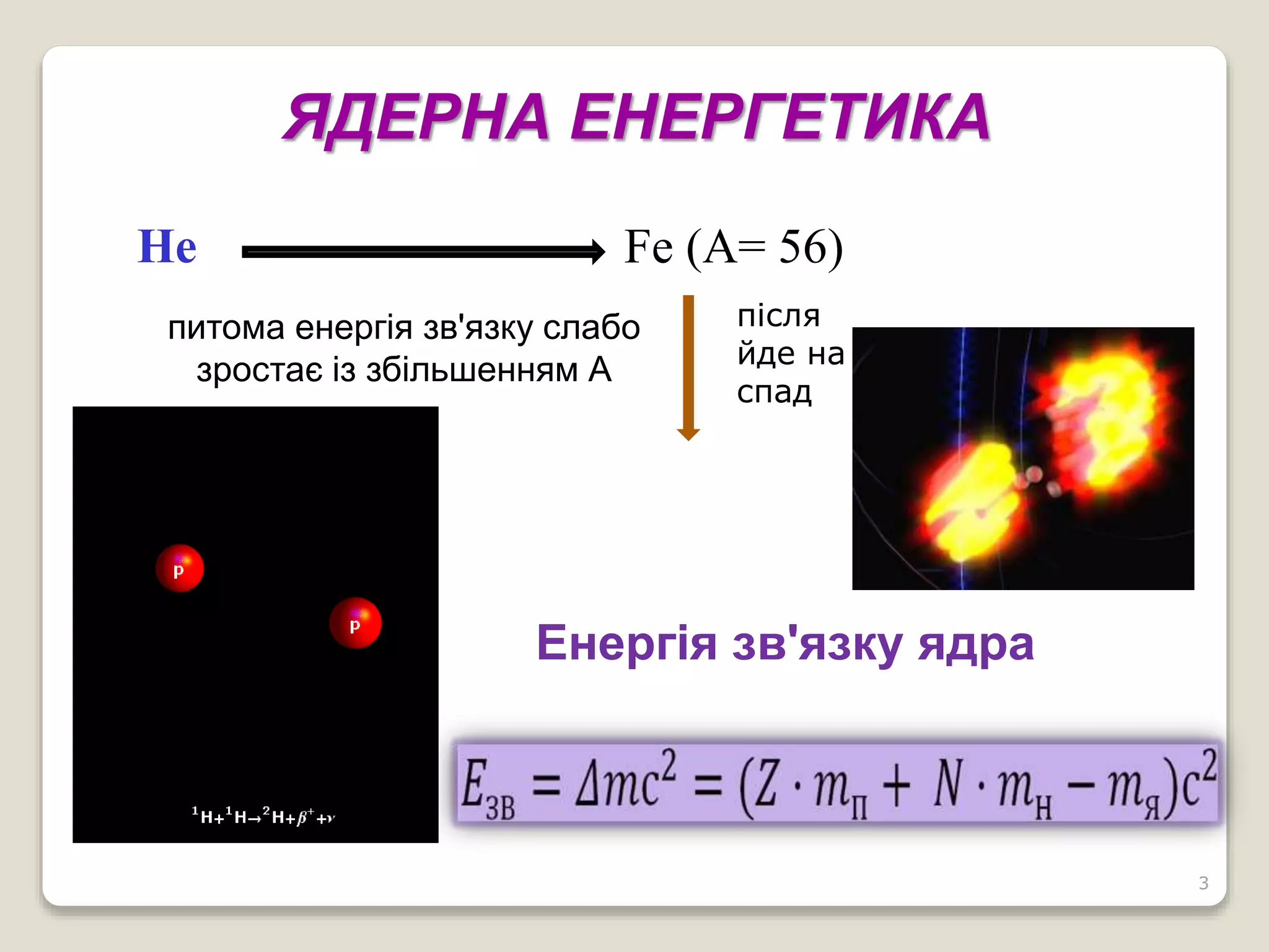 3
Енергія зв'язку ядра
He Fe (А= 56)
питома енергія зв'язку слабо
зростає із збільшенням А
після
йде на
спад
ЯДЕРНА ЕНЕРГЕТИКА
 