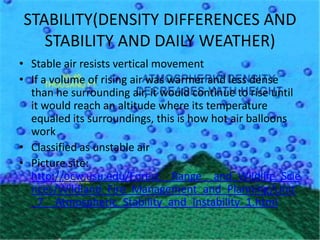 STABILITY(DENSITY DIFFERENCES AND
   STABILITY AND DAILY WEATHER)
• Stable air resists vertical movement
• If a volume of rising air was warmer and less dense
  than he surrounding air, it would continue to rise until
  it would reach an altitude where its temperature
  equaled its surroundings, this is how hot air balloons
  work
• Classified as unstable air
• Picture site:
  http://ocw.usu.edu/Forest__Range__and_Wildlife_Scie
  nces/Wildland_Fire_Management_and_Planning/Unit
  _7__Atmospheric_Stability_and_Instability_1.html
 