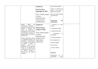 de escritura de ensayos?
¿Cuál es la relación entre
ensayo y las ideas te
gustaría ser ensayista?
¿Por qué se llama filosofía
de la liberación?
Construcción del
conocimiento:
- Desarrollo de bases
teóricas
- Contrastación de datos
- Análisis de situaciones
- Determinación de
conclusiones
- Solución de problemas.
Con estrategias como:
-Discusión dirigida
-Aula invertida
-Lectura de análisis
Aplicación:
Consolidación de los
aprendizajes y repaso
Semana 23
Del 25 al 29 de
septiembre de 2023
Tema: Tratado europeo
y ensayo
latinoamericano,
características y
ejemplificación
OG.CS.8. Aplicar los
conocimientos adquiridos, a
través del ejercicio de una ética
solidaria y ecológica que
apunte a la construcción y
consolidación de una sociedad
nueva basada en el respeto a la
dignidad humana y de todas las
formas de vida.
Analizar, comprender y valorar
la complejidad histórica del
pensamiento latinoamericano
en su relación con otras formas
de filosofar y pensar la
realidad, a través de su
imbricación con las urgencias
vitales de su historia, para
comprender la razón de ser de
su “nosotros” pensante, a
diferencia del “yo” pensante
occidental. "
Semana 24
Del 02 al 06 de
octubre de 2023
Tema: tratado europeo
y ensayo
latinoamericano,
perspectivas de
objetividad y
subjetividad.
 