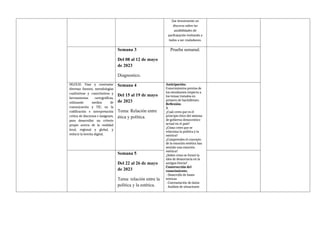Dar brevemente un
discurso sobre las
posibilidades de
participación invitando a
todos a ser ciudadanos.
Semana 3
Del 08 al 12 de mayo
de 2023
Diagnostico.
Prueba semanal.
OG.CS.10. Usar y contrastar
diversas fuentes, metodologías
cualitativas y cuantitativas y
herramientas cartográficas,
utilizando medios de
comunicación y TIC, en la
codificación e interpretación
crítica de discursos e imágenes,
para desarrollar un criterio
propio acerca de la realidad
local, regional y global, y
reducir la brecha digital.
Semana 4
Del 15 al 19 de mayo
de 2023
Tema: Relación entre
ética y política.
Anticipación:
Conocimientos previos de
los estudiantes respecto a
los temas tratados en
primero de bachillerato.
Reflexión:
R
¿Cuál crees que es el
principio ético del sistema
de gobierno democrático
actual en el país?
¿Cómo crees que se
relaciona la política y la
estética?
¿Comprendes el concepto
de la emoción estética has
sentido una emoción
estética?
¿Sabes cómo se formó la
idea de democracia en la
antigua Grecia?
Construcción del
conocimiento:
- Desarrollo de bases
teóricas
- Contrastación de datos
- Análisis de situaciones
Semana 5
Del 22 al 26 de mayo
de 2023
Tema: relación entre la
política y la estética.
 