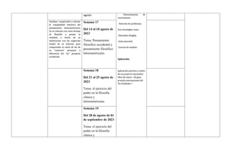 agosto - Determinación de
conclusiones
- Solución de problemas.
Con estrategias como:
-Discusión dirigida
-Aula invertida
-Lectura de análisis
Aplicación:
Aplicación práctica a través
de un proyecto innovador:
Obra de teatro: «El gran
acuerdo internacional del
Tío Patilludo»”.
Analizar, comprender y valorar
la complejidad histórica del
pensamiento latinoamericano
en su relación con otras formas
de filosofar y pensar la
realidad, a través de su
imbricación con las urgencias
vitales de su historia, para
comprender la razón de ser de
su “nosotros” pensante, a
diferencia del “yo” pensante
occidental.
Semana 17
Del 14 al 18 agosto de
2023
Tema: Pensamiento
filosófico occidental y
pensamiento filosófico
latinoamericano.
Semana 18
Del 21 al 25 agosto de
2023
Tema: el ejercicio del
poder en la filosofía
clásica y
latinoamericana.
Semana 19
Del 28 de agosto de 01
de septiembre de 2023
Tema: el ejercicio del
poder en la filosofía
clásica y
 