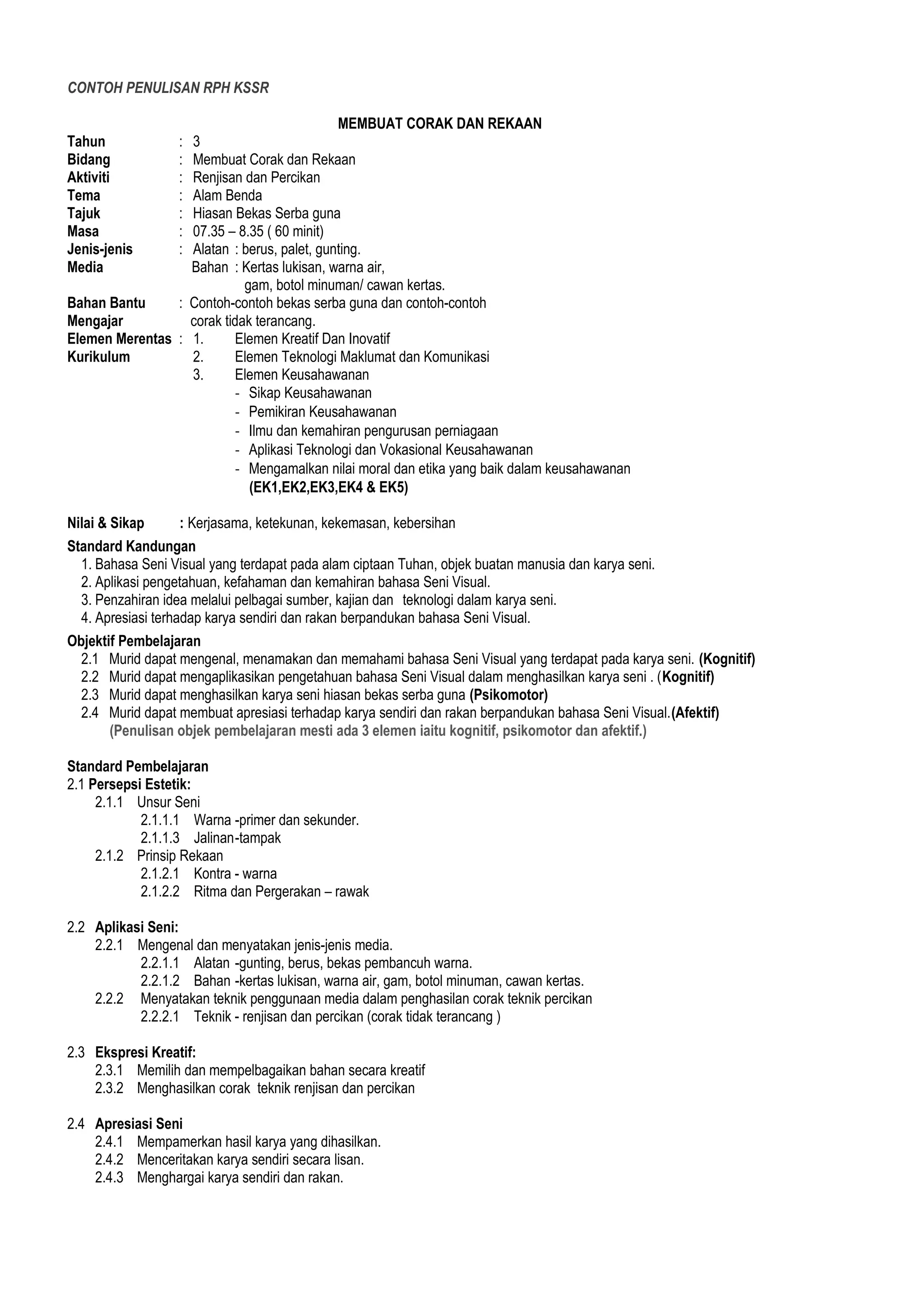 Rph kssr contoh seni topeng | PDF