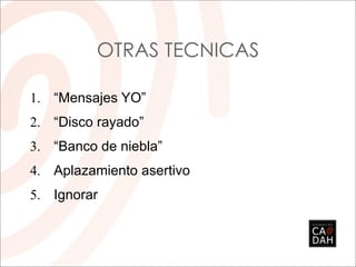 OTRAS TECNICAS

1. “Mensajes YO”
2. “Disco rayado”
3. “Banco de niebla”
4. Aplazamiento asertivo
5. Ignorar
 