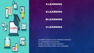 E-LEARNING
B-LEARNING
M-LEARNING
U-LEARNING
ELABORO JUAN DE JESÚS HERMIDA MORALES
E.E. MULTIMEDIA EDUCATIVA
MTRO. GUSTAVO HUERYA PATRACA
PRESENTACIONES SOBRE LAS E-LEARNING
 