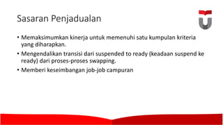 Sasaran Penjadualan
• Memaksimumkan kinerja untuk memenuhi satu kumpulan kriteria
yang diharapkan.	
• Mengendalikan transisi dari suspended to ready (keadaan suspend ke
ready)	dari proses-proses swapping.	
• Memberi keseimbangan job-job	campuran
 