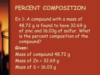 PERCENT COMPOSITION
Ex 1: A compound with a mass of
48.72 g is found to have 32.69 g
of zinc and 16.03g of sulfur. What
is the percent composition of the
compound?
Given:
Mass of compound 48.72 g
Mass of Zn = 32.69 g
Mass of S = 16.03 g
 