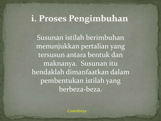i. Proses Pengimbuhan
Susunan istilah berimbuhan
menunjukkan pertalian yang
tersusun antara bentuk dan
maknanya. Susunan itu
hendaklah dimanfaatkan dalam
pembentukan istilah yang
berbeza-beza.
Contohnya :
 
