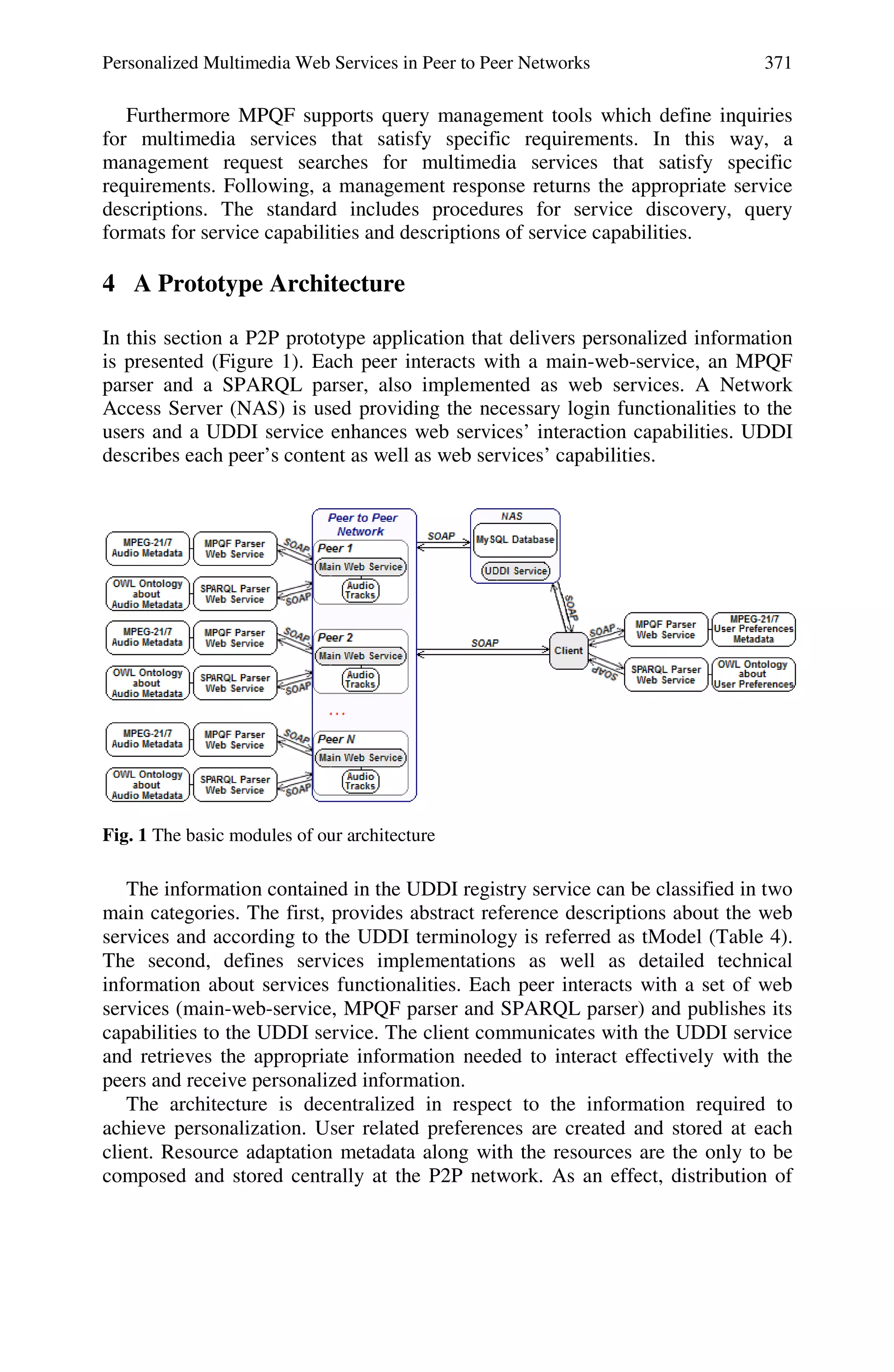 Personalized Multimedia Web Services in Peer to Peer Networks 371
Furthermore MPQF supports query management tools which define inquiries
for multimedia services that satisfy specific requirements. In this way, a
management request searches for multimedia services that satisfy specific
requirements. Following, a management response returns the appropriate service
descriptions. The standard includes procedures for service discovery, query
formats for service capabilities and descriptions of service capabilities.
4 A Prototype Architecture
In this section a P2P prototype application that delivers personalized information
is presented (Figure 1). Each peer interacts with a main-web-service, an MPQF
parser and a SPARQL parser, also implemented as web services. A Network
Access Server (NAS) is used providing the necessary login functionalities to the
users and a UDDI service enhances web services’ interaction capabilities. UDDI
describes each peer’s content as well as web services’ capabilities.
Fig. 1 The basic modules of our architecture
The information contained in the UDDI registry service can be classified in two
main categories. The first, provides abstract reference descriptions about the web
services and according to the UDDI terminology is referred as tModel (Table 4).
The second, defines services implementations as well as detailed technical
information about services functionalities. Each peer interacts with a set of web
services (main-web-service, MPQF parser and SPARQL parser) and publishes its
capabilities to the UDDI service. The client communicates with the UDDI service
and retrieves the appropriate information needed to interact effectively with the
peers and receive personalized information.
The architecture is decentralized in respect to the information required to
achieve personalization. User related preferences are created and stored at each
client. Resource adaptation metadata along with the resources are the only to be
composed and stored centrally at the P2P network. As an effect, distribution of
 