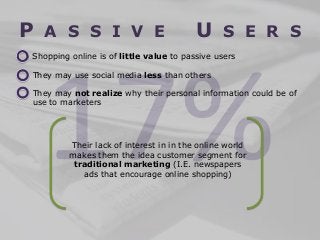 P

A S S I V E

U

S E R S

Shopping online is of little value to passive users
They may use social media less than others...