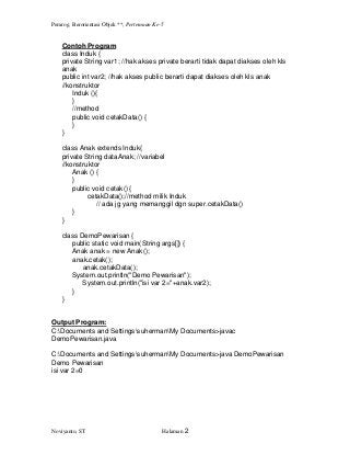 Pemrog. Berorientasi Objek **, Pertemuan Ke-5
Noviyanto, ST Halaman 2
Contoh Program
class Induk {
private String var1; //...