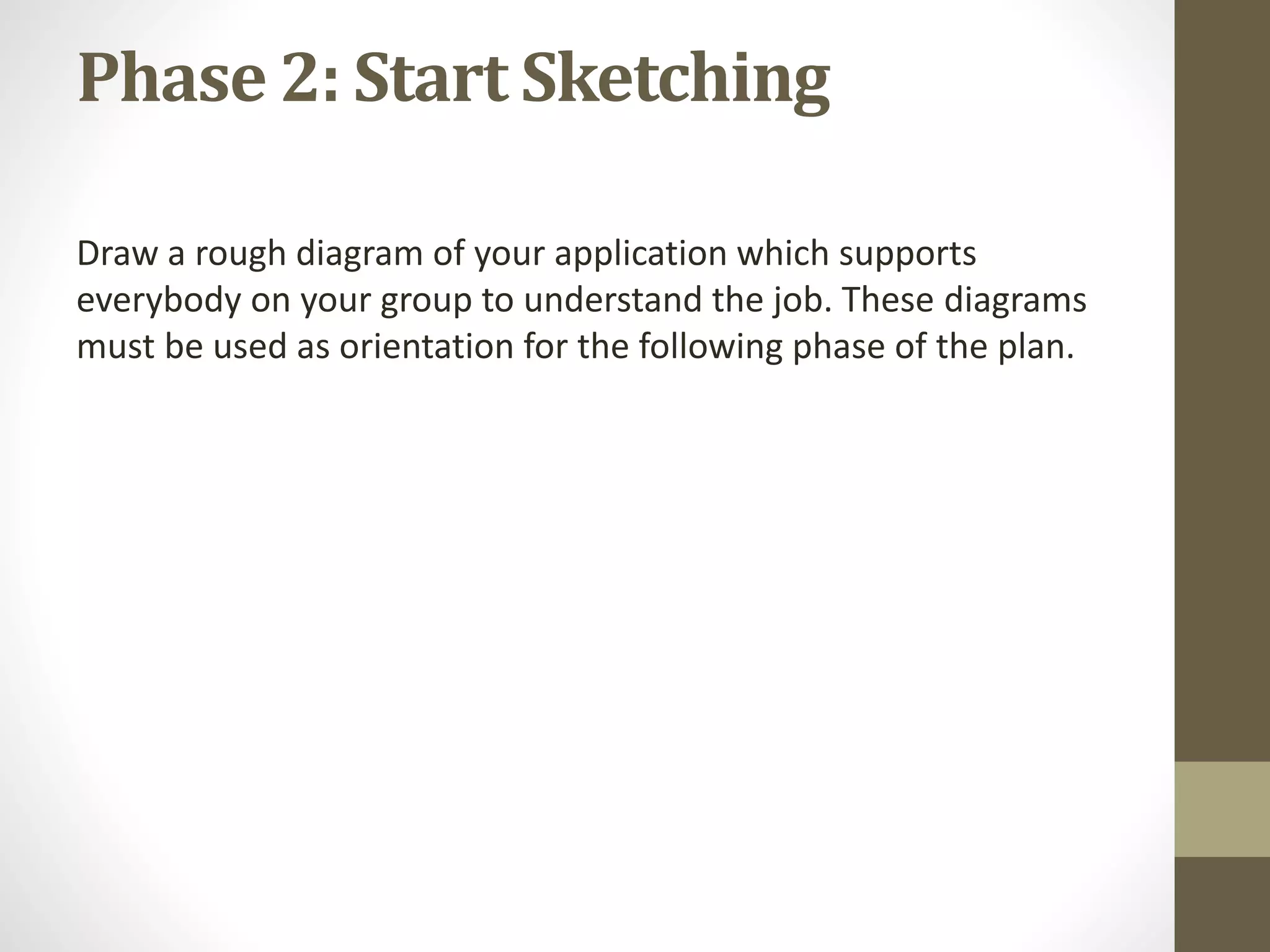 Phase 2: Start Sketching
Draw a rough diagram of your application which supports
everybody on your group to understand the job. These diagrams
must be used as orientation for the following phase of the plan.
 