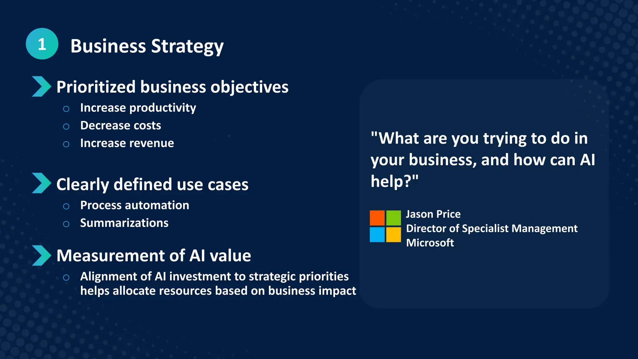 Business Strategy
1
 Prioritized business objectives
o Increase productivity
o Decrease costs
o Increase revenue
 Clearly defined use cases
o Process automation
o Summarizations
 Measurement of AI value
o Alignment of AI investment to strategic priorities
helps allocate resources based on business impact
"What are you trying to do in
your business, and how can AI
help?"
Jason Price
Director of Specialist Management
Microsoft
 