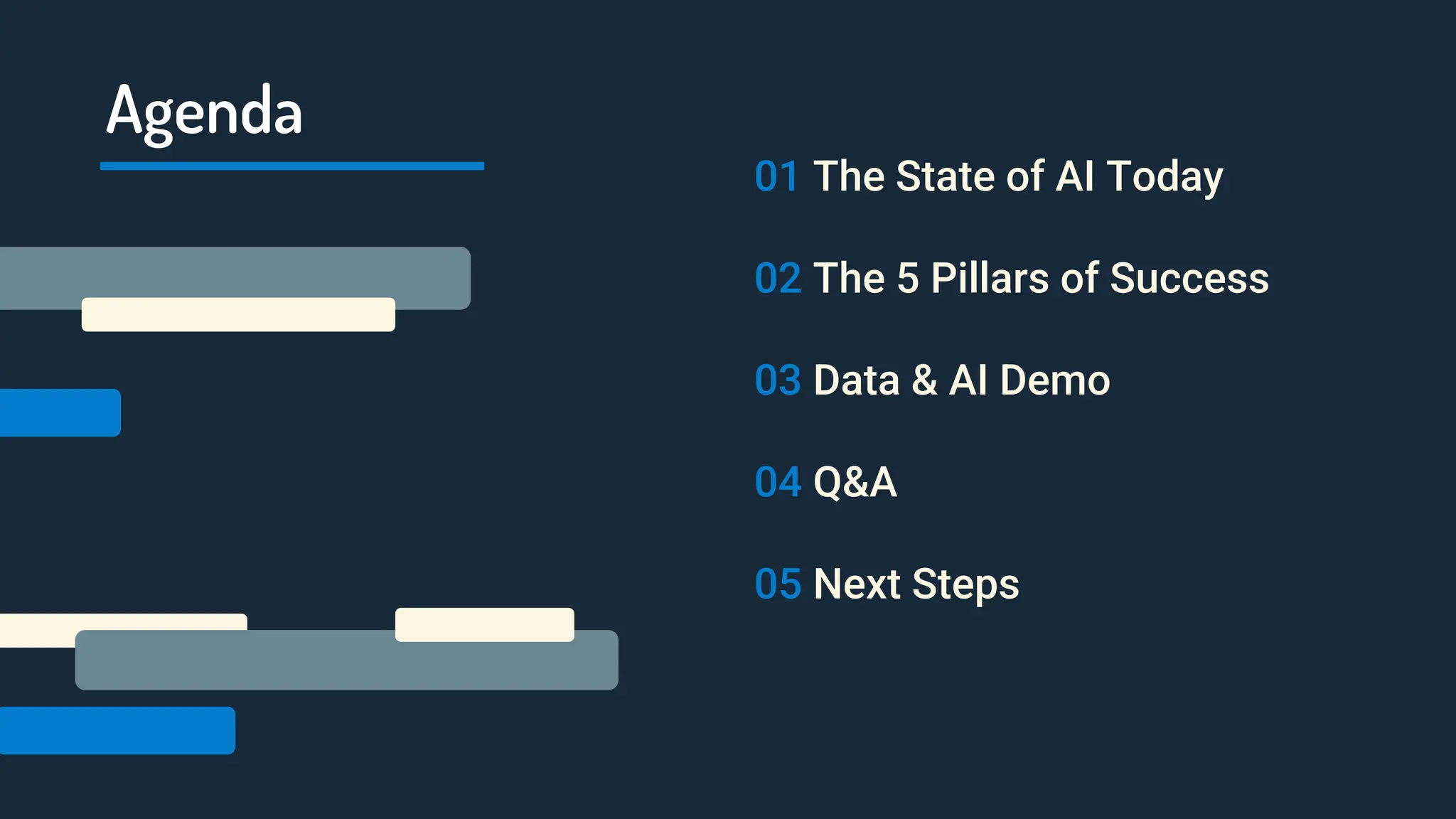 Agenda
01 The State of AI Today
02 The 5 Pillars of Success
03 Data & AI Demo
04 Q&A
05 Next Steps
 