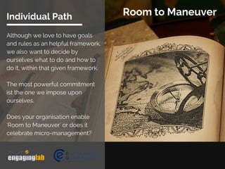Room to ManeuverIndividual Path
Although we love to have goals
and rules as an helpful framework,
we also want to decide b...
