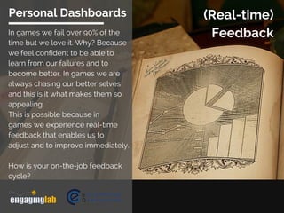 (Real-time)
Feedback
Personal Dashboards
In games we fail over 90% of the
time but we love it. Why? Because
we feel confid...