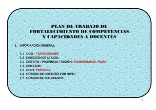 2
PLAN DE TRABAJO DE
FORTALECIMIENTO DE COMPETENCIAS
Y CAPACIDADES A DOCENTES
1. INFORMACIÓN GENERAL:
1.1 UGEL : TAMBOGRANDE
1.2 DIRECCIÓN DE LA UGEL:
1.3 DISTRITO / PROVINCIA / REGIÓN: TAMBOGRANDE, PIURA
1.4 DIRECTOR:
1.5 NIVEL: PRIMARIA.
1.6 NÚMERO DE DOCENTES POR NIVEL:
1.7 NÚMERO DE ESTUDIANTES
 