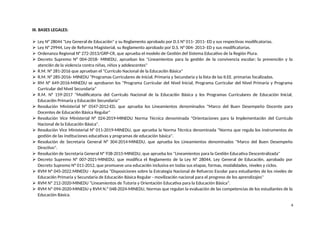 III. BASES LEGALES:
 Ley N° 28044 "Ley General de Educaci6n" y su Reglamento aprobado por D.S N° 011- 2011- ED y sus respectivas modificatorias.
 Ley N° 29944, Ley de Reforma Magisterial, su Reglamento aprobado por D.S. N° 004- 2013- ED y sus modificatorias.
 Ordenanza Regional N° 272-2013/GRP-CR, que aprueba el modelo de Gestión del Sistema Educativo de la Región Piura.
 Decreto Supremo N° 004-2018- MINEDU, aprueban los "Lineamientos para la gesti6n de la convivencia escolar; la prevenci6n y la
atenci6n de la violencia contra niñas, niños y adolescentes"
 R.M. N° 281-2016 que aprueban el "Currículo Nacional de la Educaci6n Básica"
 R.M. N° 285-2016- MINEDU "Programas Curriculares de Inicial, Primaria y Secundaria y la lista de las II.EE. primarias focalizadas.
 RM N° 649-2016-MINEDU se aprobaron los "Programa Curricular del Nivel lnicial, Programa Curricular del Nivel Primaria y Programa
Curricular del Nivel Secundaria"
 R.M. N° 159-2017 "Modificatoria del Currículo Nacional de la Educaci6n Básica y los Programas Curriculares de Educación lnicial,
Educaci6n Primaria y Educaci6n Secundaria"
 Resolución Ministerial N° 0547-2012-ED, que aprueba los Lineamientos denominados "Marco del Buen Desempeño Docente para
Docentes de Educaci6n Básica Regular"
 Resolución Vice Ministerial N° 024-2019-MINEDU Norma Técnica denominada "Orientaciones para la lmplementaci6n del Currículo
Nacional de la Educaci6n Básica".
 Resolución Vice Ministerial N° 011-2019-MINEDU, que aprueba la Norma Técnica denominada "Norma que regula los instrumentos de
gestión de las instituciones educativas y programas de educación básica".
 Resolución de Secretaria General N° 304-2014-MINEDU, que aprueba los Lineamientos denominados "Marco del Buen Desempeño
Directivo".
 Resolución de Secretaria General N° 938-2015-MINEDU, que aprueba los "Lineamientos para la Gesti6n Educativa Descentralizada"
 Decreto Supremo N° 007-2021-MINEDU, que modifica el Reglamento de la Ley N° 28044, Ley General de Educaci6n, aprobado por
Decreto Supremo N° 011-2012, que promueve una educaci6n inclusiva en todas sus etapas, formas, modalidades, niveles y ciclos.
 RVM N° 045-2022.MINEDU - Aprueba "Disposiciones sobre la Estrategia Nacional de Refuerzo Escolar para estudiantes de los niveles de
Educaci6n Primaria y Secundaria de Educaci6n Básica Regular - movilizaci6n nacional para el progreso de los aprendizajes"
 RVM Nº 212-2020-MINEDU “Lineamientos de Tutoría y Orientación Educativa para la Educación Básica”.
 RVM Nº 094-2020-MINEDU y RVM N.° 048-2024-MINEDU, Normas que regulan la evaluación de las competencias de los estudiantes de la
Educación Básica.
4
 