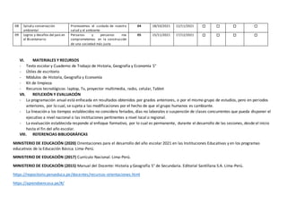 08 Salud y conservación
ambiental
Promovemos el cuidado de nuestra
salud y el ambiente
04 18/10/2021 12/11/2021 ☐ ☐ ☐ ☐
09 Logros y desafíos del país en
el Bicentenario
Peruanas y peruanos nos
comprometemos en la construcción
de una sociedad más justa
05 15/11/2021 17/12/2021 ☐ ☐ ☐ ☐
VI. MATERIALES Y RECURSOS
- Texto escolar y Cuaderno de Trabajo de Historia, Geografía y Economía 5°
- Útiles de escritorio
- Módulos de Historia, Geografía y Economía
- Kit de limpieza
- Recursos tecnológicos: laptop, Tv, proyector multimedia, radio, celular, Tablet
VII. REFLEXIÓN Y EVALUACIÓN
- La programación anual está enfocada en resultados obtenidos por grados anteriores, o por el mismo grupo de estudios, pero en periodos
anteriores, por lo cual, se sujeta a las modificaciones por el hecho de que el grupo humanos es cambiante.
- La lineación a los tiempos establecidos no considera feriados, días no laborales o suspensión de clases concurrentes que pueda disponer el
ejecutivo a nivel nacional o las instituciones pertinentes a nivel local o regional.
- La evaluación establecida responde al enfoque formativo, por lo cual es permanente, durante el desarrollo de las sesiones, desde el inicio
hasta el fin del año escolar.
VIII. REFERENCIAS BIBLIOGRÁFICAS
MINISTERIO DE EDUCACIÓN (2020) Orientaciones para el desarrollo del año escolar 2021 en las Instituciones Educativas y en los programas
educativos de la Educación Básica. Lima-Perú.
MINISTERIO DE EDUCACIÓN (2017) Currículo Nacional. Lima-Perú.
MINISTERIO DE EDUCACIÓN (2015) Manual del Docente: Historia y Geografía 5° de Secundaria. Editorial Santillana S.A. Lima-Perú.
https://repositorio.perueduca.pe/docentes/recursos-orientaciones.html
https://aprendoencasa.pe/#/
 