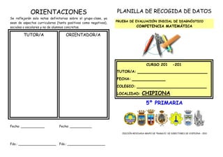 ORIENTACIONES
Se reflejarán solo notas definitorias sobre el grupo-clase, ya
sean de aspectos curriculares (tanto positivos como negativos),
sociales o escolares y no de alumnos concretos.
TUTOR/A ORIENTADOR/A
Fecha: ____________
Fdo.: ___________________
Fecha: ___________
Fdo.: ___________________
PLANILLA DE RECOGIDA DE DATOS
PRUEBA DE EVALUACIÓN INICIAL DE DIAGNÓSTICO
COMPETENCIA MATEMÁTICA
CURSO 201 -201
TUTOR/A: _____________________
FECHA: __________
COLEGIO: _____________________
LOCALIDAD: CHIPIONA
5º PRIMARIA
EDICIÓN REVISADA GRUPO DE TRABAJO DE DIRECTORES DE CHIPIONA - 2011