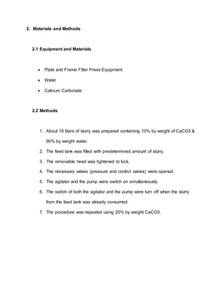 Plate And Frame Filter Press Lab 1 Report